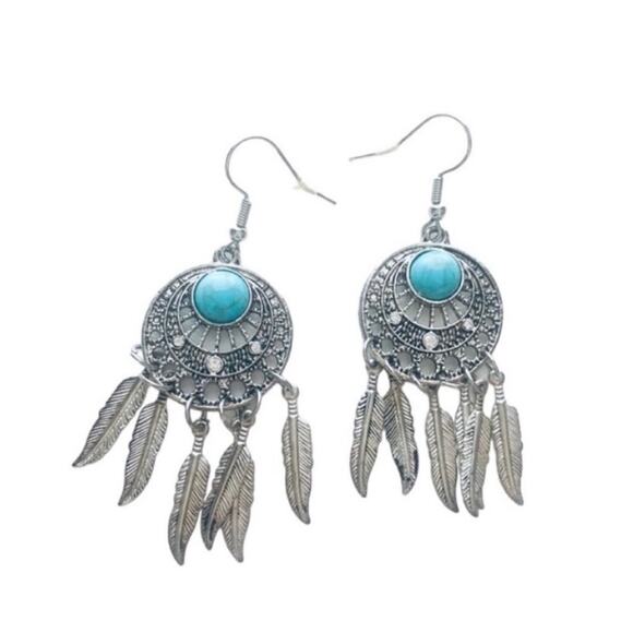 Silver Tone and Turquoise Dreamcatcher Feather Drop Earrings - Picture 1 of 3